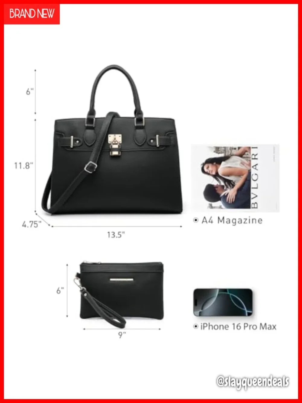Vegan Leather Satchel Tote with Matching Clutch, Gold Hardware, Work Bag